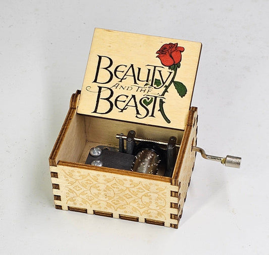 Beauty and the Beast Music Box Hand Crank Carved Wooden Musical Box