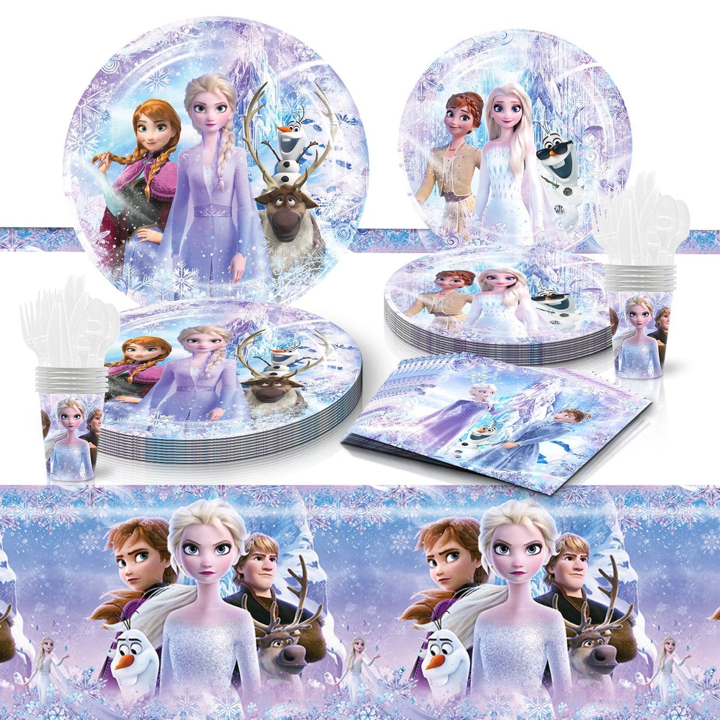 Frozen Party Tableware Set – 50 Pieces with Plates, Cups, Napkins & Tablecloth