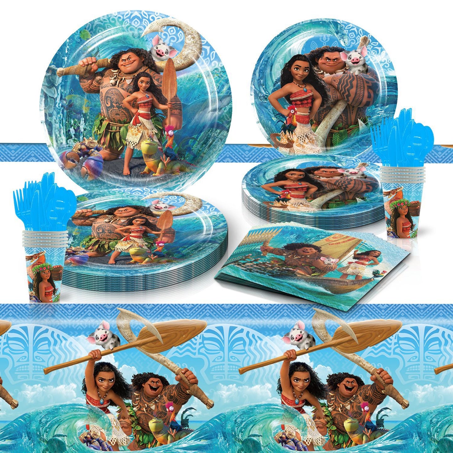 Moana Party Tableware Set – 50 Pieces with Plates, Cups, Napkins & Tablecloth