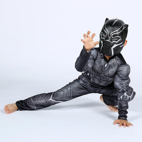 Marvel Avengers Black Panther Children Costume + Mask Set (Muscular style )
