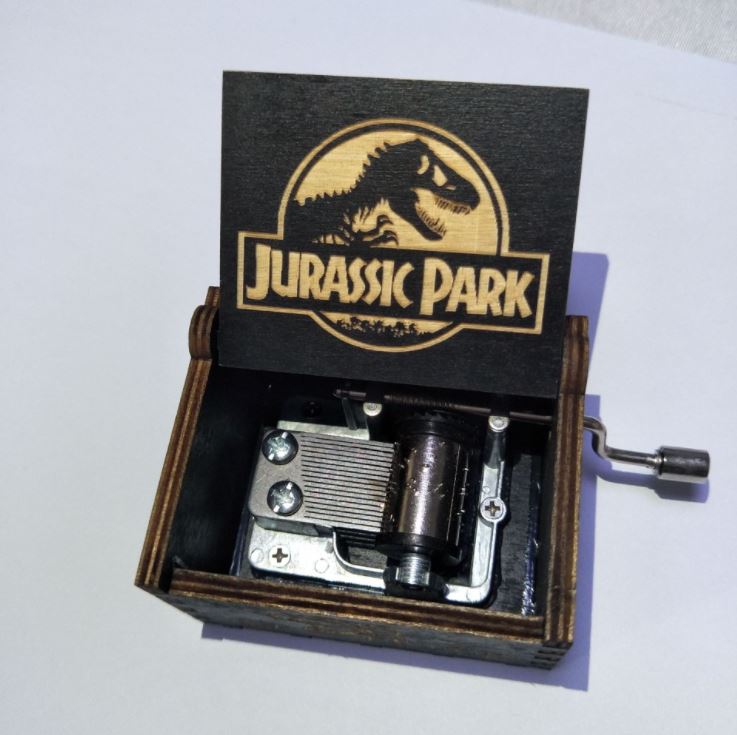 Jurassic Park Black Music Box Hand Crank Carved Wooden Musical Box
