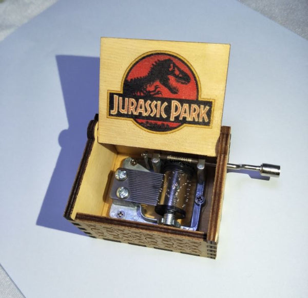 Jurassic Park Music Box Hand Crank Carved Wooden Musical Box
