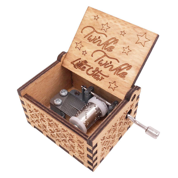 Twinkle Twinkle Black Music Box Hand Crank Carved Wooden Musical Box