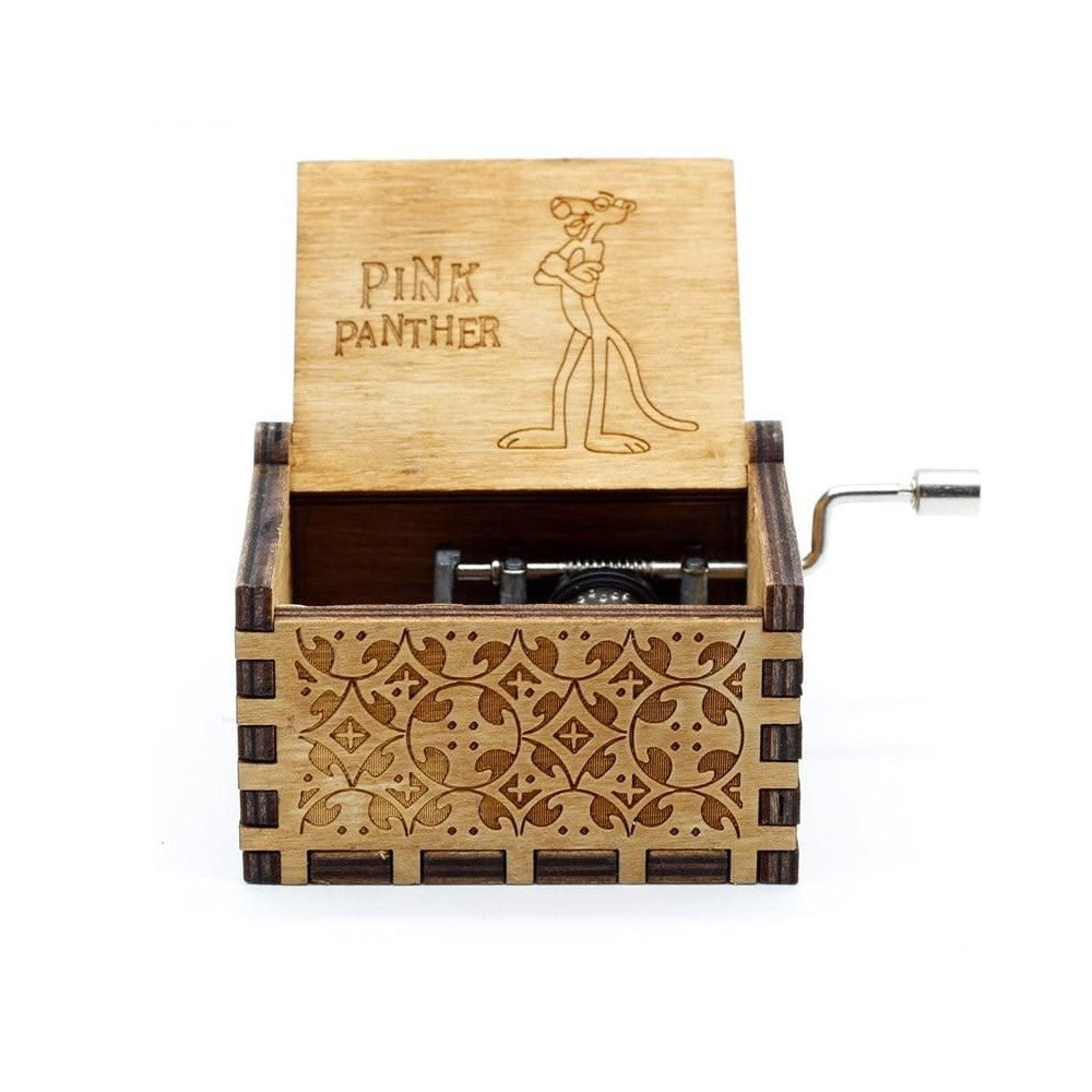 Pink Panther Music Box Hand Crank Carved Wooden Musical Box